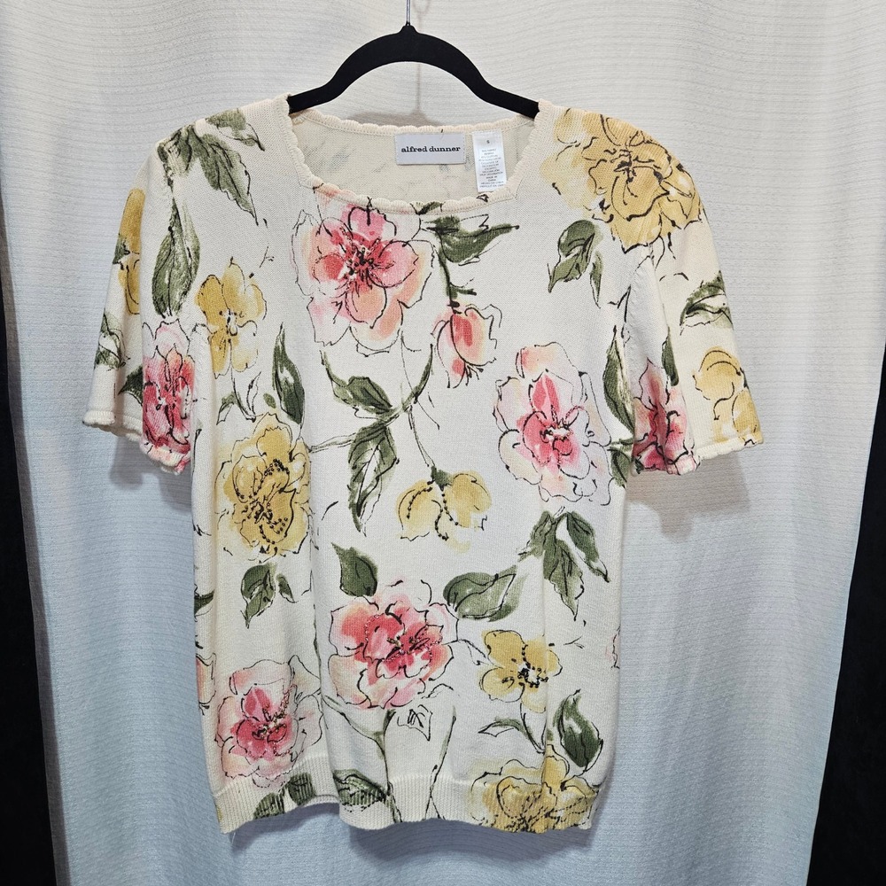 Alfred Dunner Floral Knit Top Women's Short Sleeve Beaded Square Neck Size S